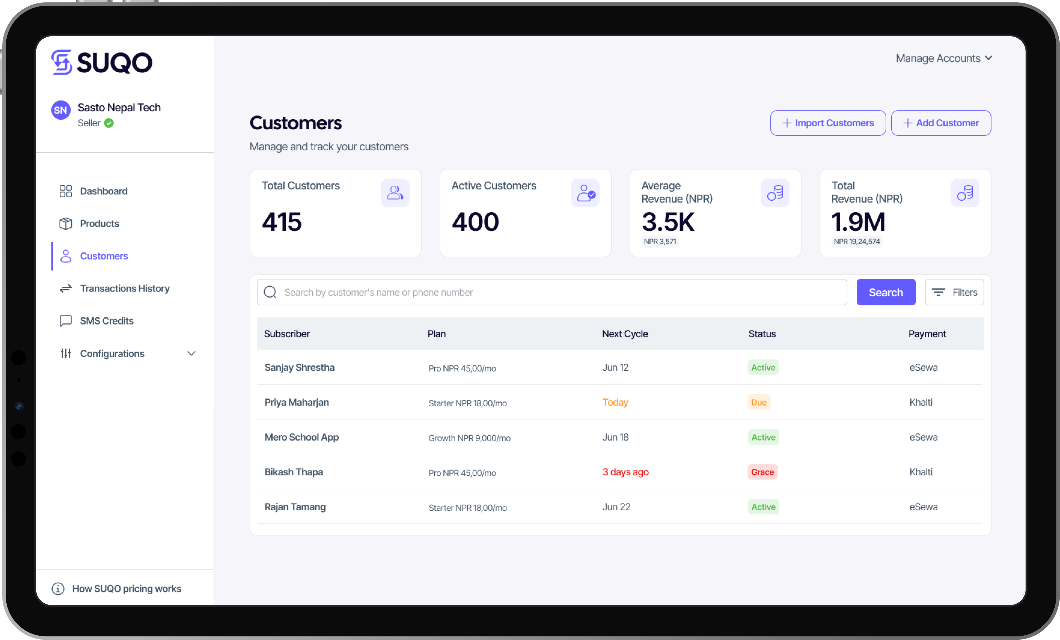 SUQO fee management dashboard for coaching centers