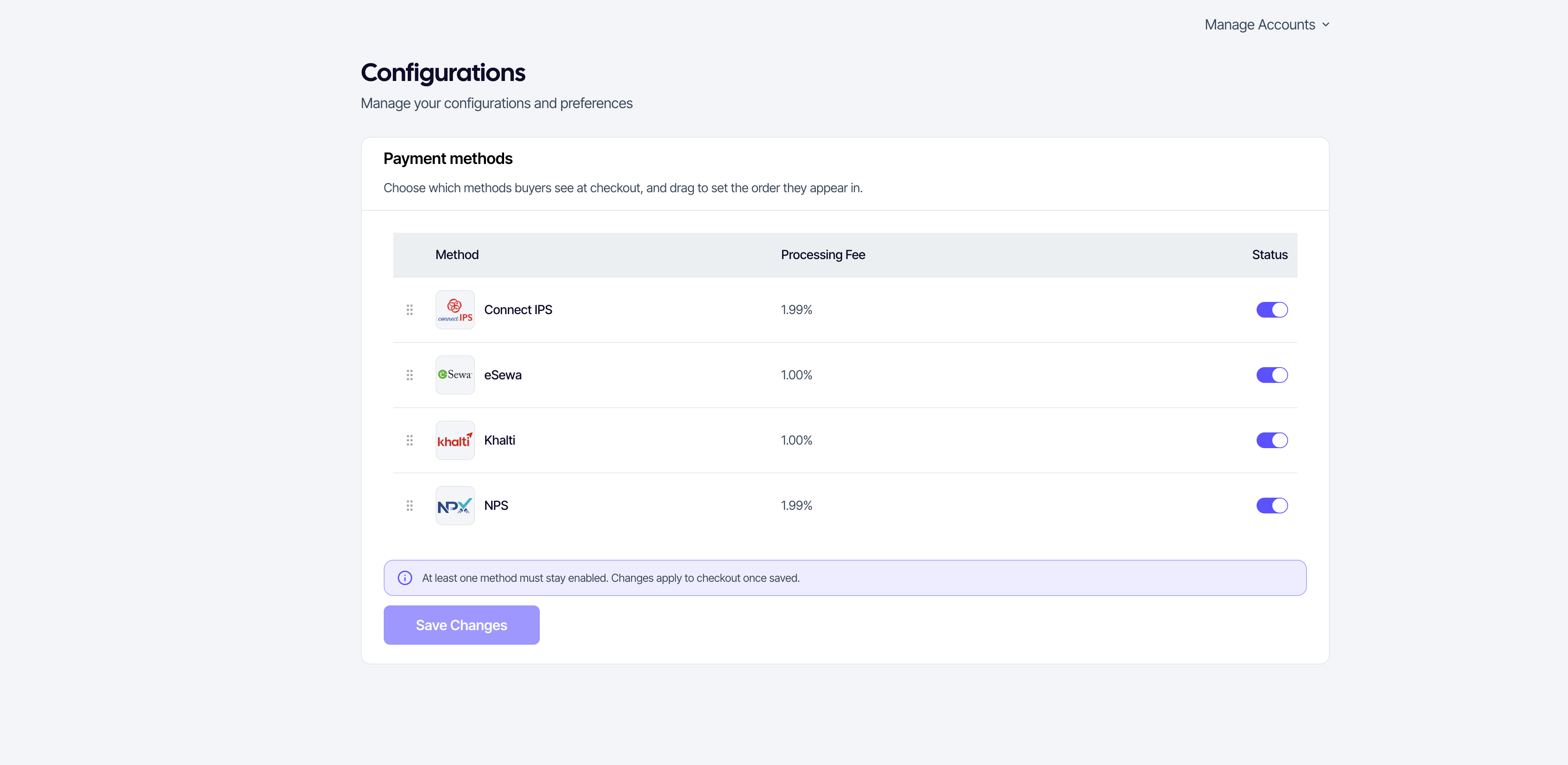 Payment methods page