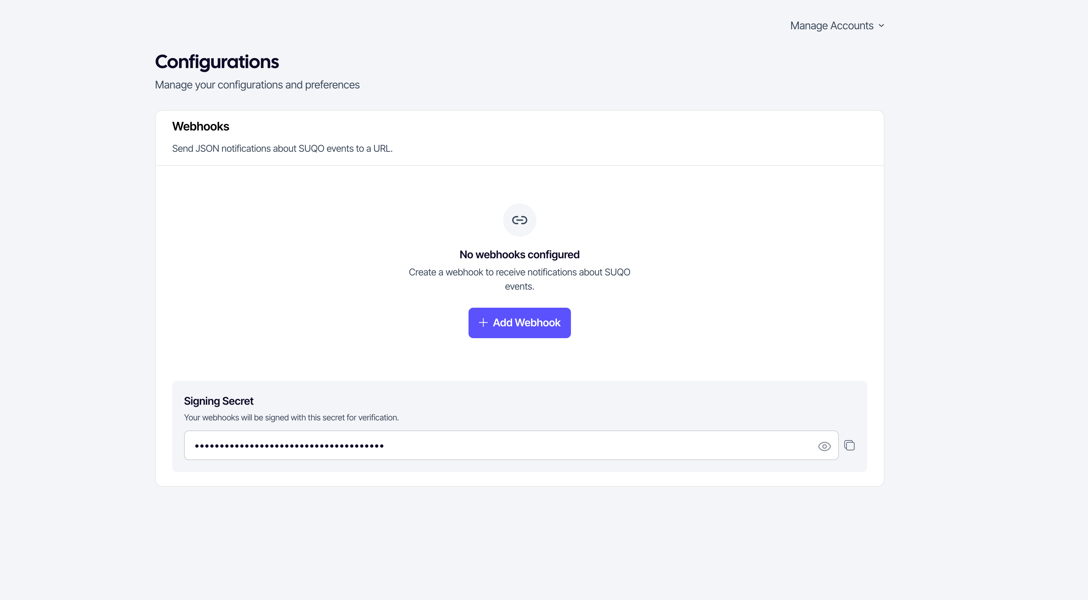 Webhooks configuration page