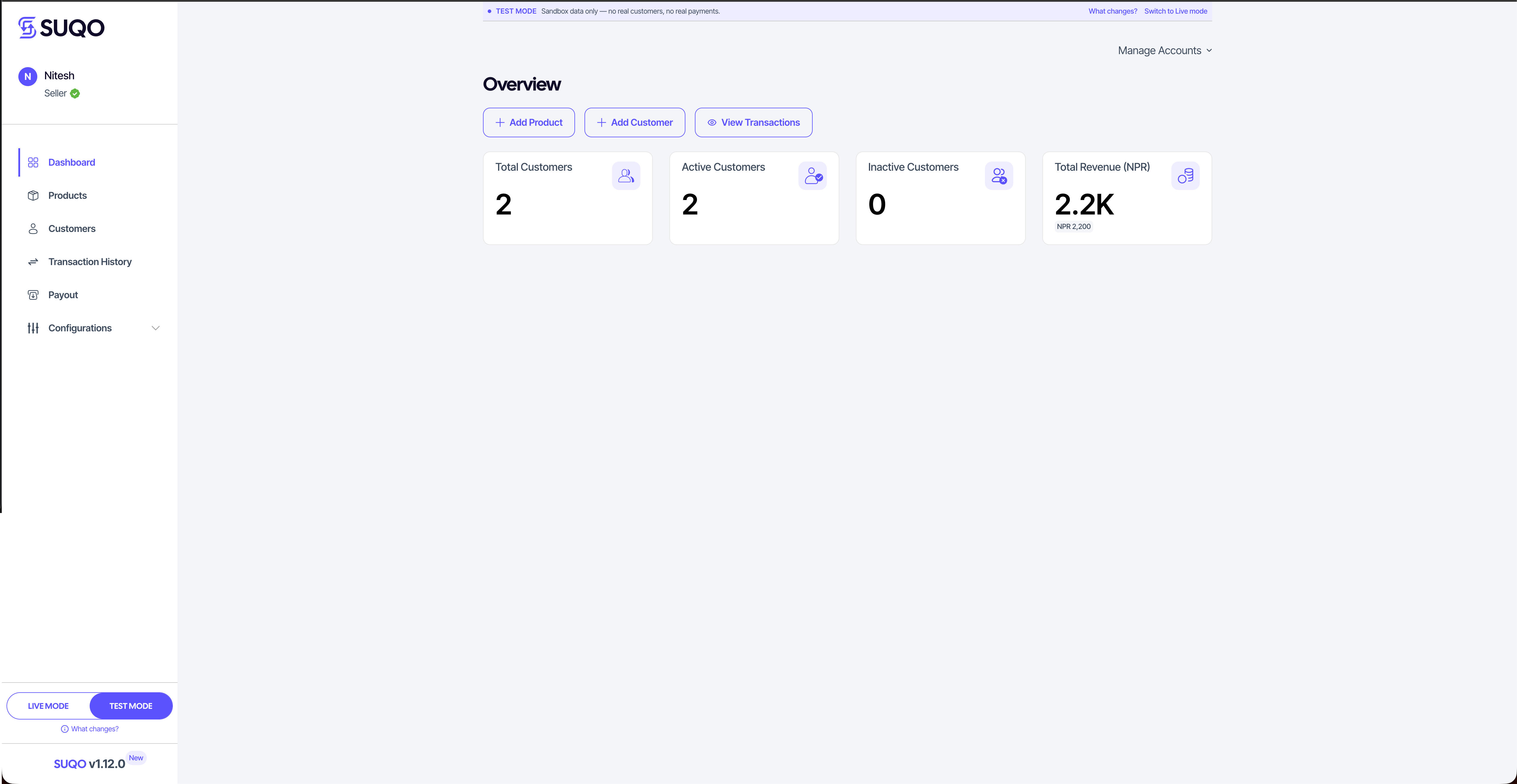 Live / Test switcher in the sidebar
